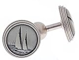 Silver plated cufflinks with a black and white sailboat yacht image with presentation box. Made in the U.S.A