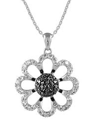 Genuine Silver Elegance (TM) Tarnish Resistant Rhodium Plated .925 Sterling Silver Black and White CZ Flower Pendant (32 x 25 mm) on an 18 inch Cable Chain Necklace. 100% Satisfaction Guaranteed.