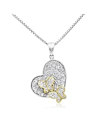 14K Two Tone Gold Love Struck Pave Dual Sweet Butterflies in Heart Pendant