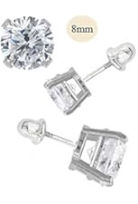14K White Gold 8mm Round Simulated Diamond Stud Earring Set on High Quality Prong Setting, Screw Back Post