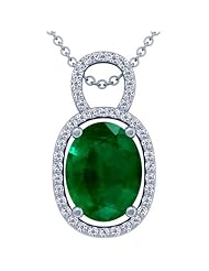 18K White Gold Oval Cut Emerald And Round Diamond Pendant