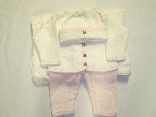 Cpk73bk, Knitted on Hand Knitting Machine Natural Chenille, Trimmed By Hand Crochet with Baby Pink Chenille, Cardigan Sweater Pant Hat Set Matching 32 Inches By 46 Inches Large Blanket