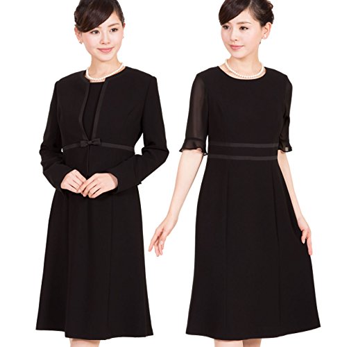 【メアリーココ】MK-0010-w 喪服　ブラックフォーマル　撥水　レディース　礼服　ノーカラー　サテンライン　アンサンブル　黒　セレモニー　ミセス