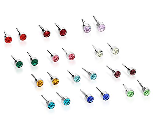 Stainless Steel 12 Pair Various Colored Stud Earring Set