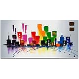 Wieco Art - Large Color City Modern Abstract Cityspace 100% Hand Painted Oil Paintings Artwork on Canvas Wall Art Ready to Hang for Home Decoration Wall D&eacute;cor