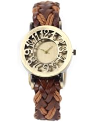 Lumramus Vintage Quartz Weave Womens Wrist Watch Round Dial Brown Band