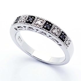 14K White Gold Rhodium Plated Sterling Silver Wedding &amp; Engagement Ring 0.12ctw White &amp; Black Diamond Wedding Band 4MM ( Size 6 to 9) Size 6: Jewelry
