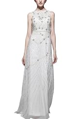 Beaded Sleeveless Natural   Waistline Tunic  with a Brush/Sweep Train 