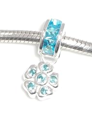 .925 Sterling Silver " Aquamarine Cubic Zirconia Dangle " Bead Compatible with Pandora Chamilia Kay Troll Bracelet