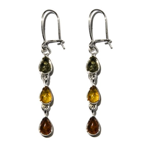 Sterling Silver Green, Yellow and Honey Amber Dangle Earrings