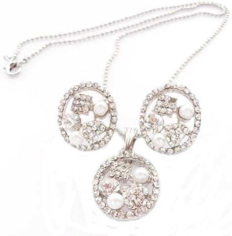 Silver Crystals Oval & Faux Pearls Necklace & Earrings Set - Elegant Oval Pendant & Earrings in Silver