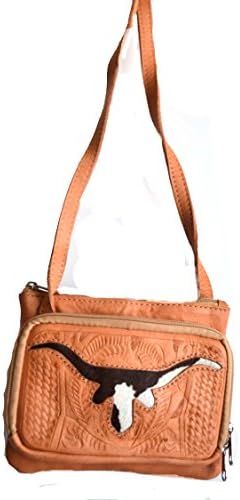 western tan brown longhorn texas cowhide leather hand tooled messenger purse