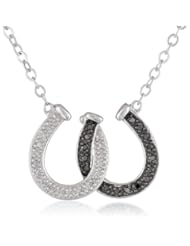 XPY Sterling Silver and Black and White Diamond Double Horseshoe Pendant Necklace (.13 cttw, I-J Color, I3 Clarity), 16.5"