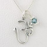 Sterling Silver Om Pendant with Blue Swarovski Crystal on 18 Box Chain, #8833