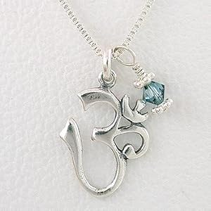 Om (Aum) Pendant in Sterling Silver with Blue Swarovski Crystal Bead on an 18" Box Chain, #8833