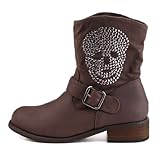 Damen Schuhe, STIEFELETTEN, BOOTS STIEFEL MIT NIETEN, S612, Synthetik in hochwertiger Leder Optikund Wild Leder Optik, Braun, Gr 38