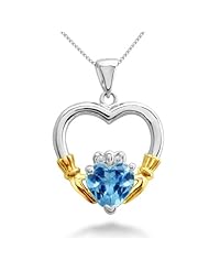 Simulated Aquamarine Gold Plated Sterling Silver Claddagh Necklace