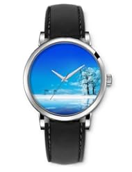 SPRAWL Aanalog Fashion Series Silver Ladies Watches of Genuine Black Leather Strap,Unique Wrist Watch for Women Girls Designed with White trees and blue sky