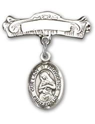 Sterling Silver Baby Badge with Our Lady of Providence Charm and Arched Polished Badge Pin