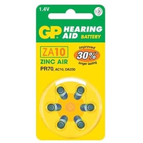 GP ZA10 Yellow Hearing Aid Batteries (Card of 6) PR70 A10