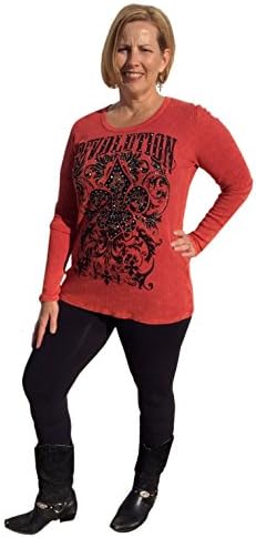 Vocal Plus Revolution Ribbed Thermal Top with Fleur De Lis &amp; Stones (1X 40-44 inch bust, Coral)