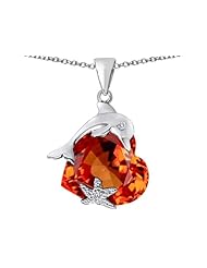 Original Star K (tm) Lucky Dolphin and StarFish Pendant with Heart Shape Simulated Orange Mexican Fire Opal in 925 Sterling Silver
