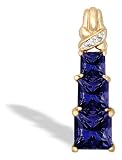 14K Yellow Gold Square Created Sapphire and Diamond 3-Stone Pendant