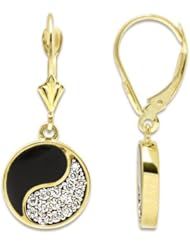 Black Coral Yin Yang Earrings with Diamonds in 14K Yellow Gold - 12mm