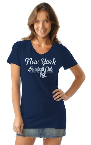 MLB Women's New York Yankees Short Sleeve V Neck Tee (Navy, Large)