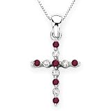 14K White Gold 0.11 ct. Diamond with Alternating 1/4 ct. Ruby Cross Pendant with Chain