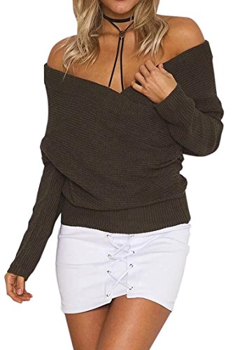 Women's Sexy V Neck Off Shoulder Crisscross Wrap Knit Sweater Jumper