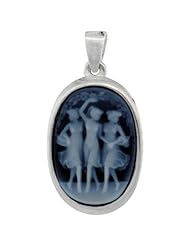 Sterling Silver Natural Blue Agate Cameo Triple Fairy Pendant 18x13mm