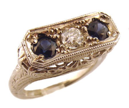 14k White Gold Art Deco Style 3 Stone Filigree Sapphire & .31ct Old Mine Cut Diamond Ring, Sz 6