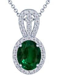 Platinum Oval Cut Emerald And Round Diamond Pendant