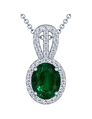 14K White Gold Oval Cut Emerald And Round Diamond Pendant