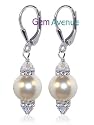 10 MM White Swarovski Pearl And Swarovski Crystal Sterling Silver Leverback 1.5" Long Drop Earrings