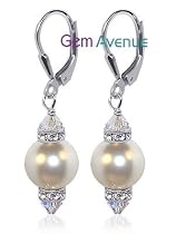 10 MM White Swarovski Pearl And Swarovski Crystal Sterling Silver Leverback 1.5" Long Drop Earrings
