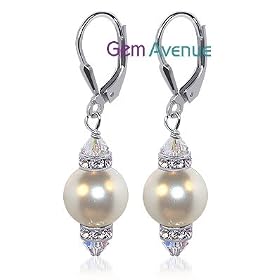10 MM White Swarovski Pearl And Swarovski Crystal Sterling Silver Leverback 1.5