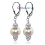 10 MM White Swarovski Pearl And Swarovski Crystal Sterling Silver Leverback 1.5" Long Drop Earrings