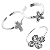 Sterling Silver Swirl, Cross & Cubic Zirconia Flower Toe Rings, Set of 3