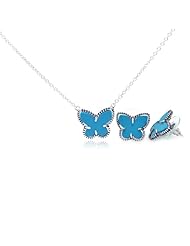 Nickel Free Sterling Silver Pendant & Earring Sets Reconstructed Torquise Butterfly Set
