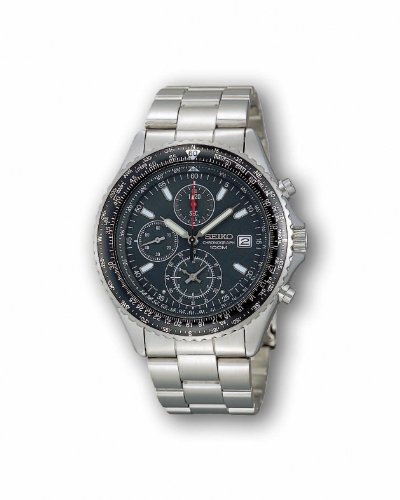 Seiko Men's Tachymeter SND253 Silver Stainless-Steel Quartz Watch with Black Dial
