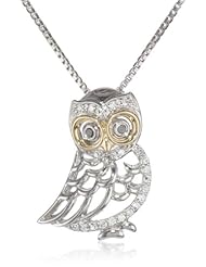 XPY Sterling Silver and 14k Yellow Gold Owl and Diamond Pendant Necklace, 18"