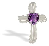 14K White Gold Genuine Heart Amethyst Cross Pendant