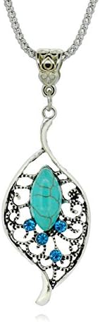 VCreations Simulated Turquoise Necklace Pendant Tibetan Silver Fashion Jewelries - Leaf Marquise