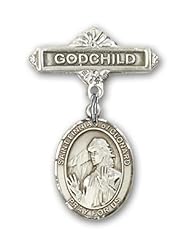 Sterling Silver Baby Badge with St. Finnian of Clonard Charm and Godchild Badge Pin