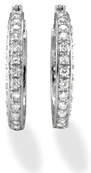 Sterling Silver CZ Front and Outside 1-1/8" Hoop Earrings