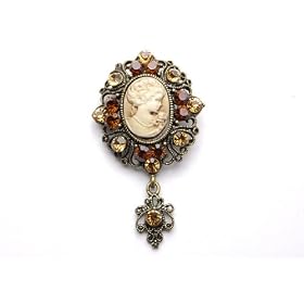 Elegant Smoked Topaz Rhinestone Cameo Maiden Pin Brooch