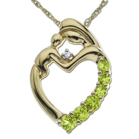 14k Yellow Gold Peridot and Diamond Mother Holding Child Pendant, 18"