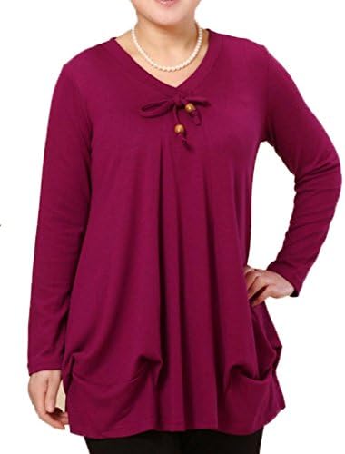 Women Long SLeeved Cotton Spring Autumn Loose T-Shirts Rose RedxL
